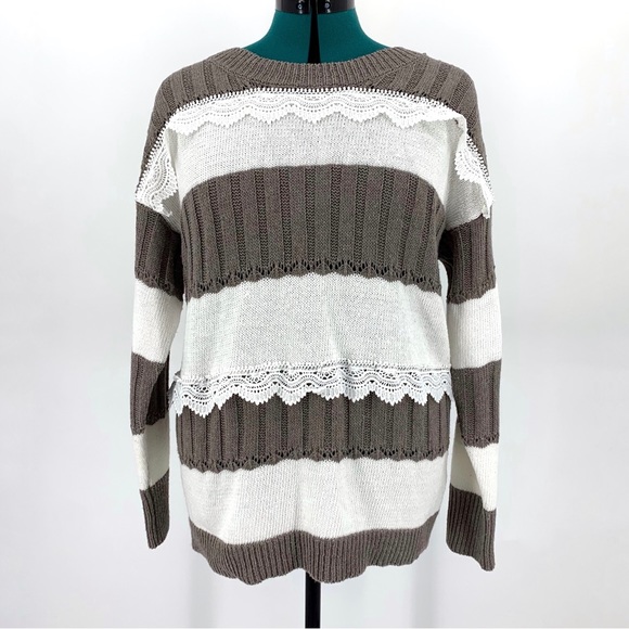 MISSLOOK Taupe and Cream Striped Long Sleeve Sweater with Lace Accents, Medium - Picture 3 of 15